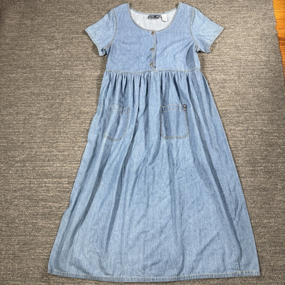 Vintage True Blue Denim Dress Women Medium Maxi Tie Waist Pockets Empire Waist